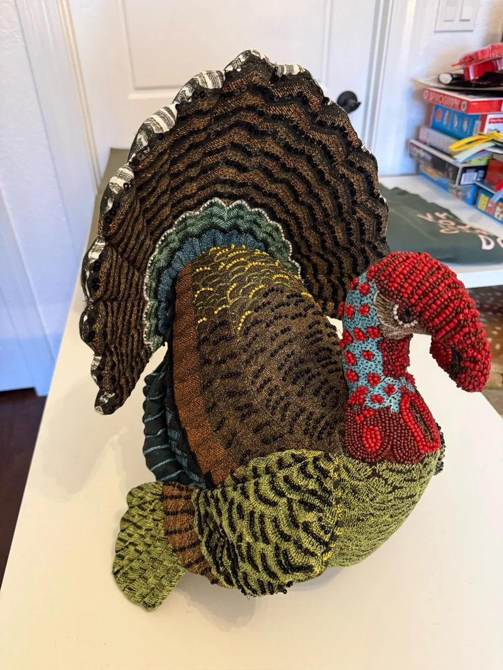 John Derian Beaded Turkey Sculpture pillow Home Art - Red, Green, Brown